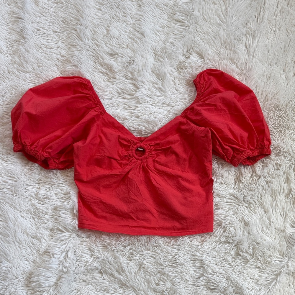 Sim & Sam Coral Pink Puff Cotton Crop Top with Smocked Back